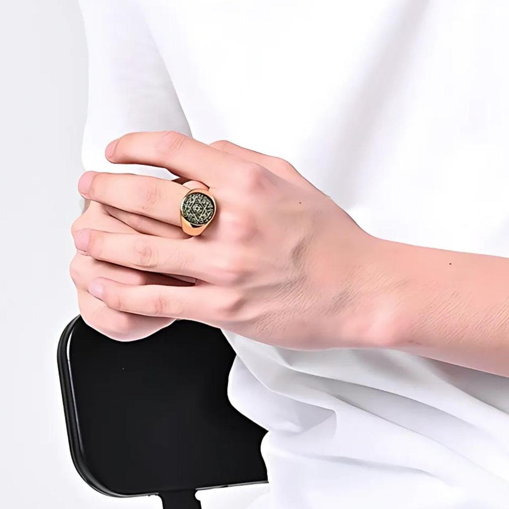 [Magic of Sedona] King Solomon's Magical Signet Ring, Men's Titanium Ring [Gold Color] [Size: US 9-JP 18 (Circumference = 59.4mm, Diameter = 18.9mm)]