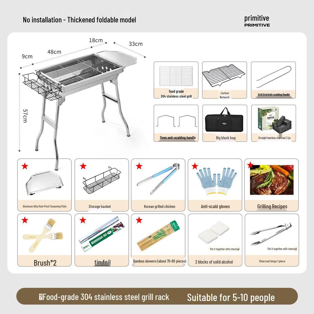 Large Stainless Steel Portable Folding Charcoal BBQ Grill for Outdoor and Home Use