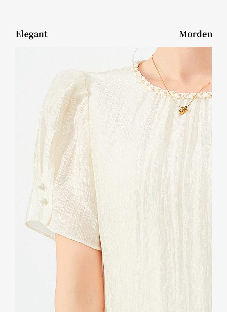 Elegant and slim round neck beaded short sleeved shirt, mini top