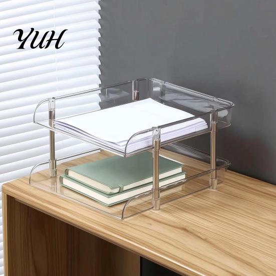 Stackable Office Storage Clear Desk Organizer, Transparent Layers PET File Rack, Stationery Box Space Saving Organizer for A4 Documents And
