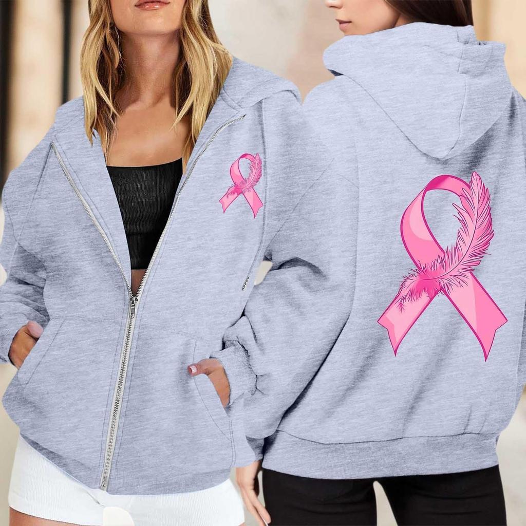 Women's Breast Sweatshirt Ribbon Breast Long Sleeve Hooded Pocket Casual Sweatshirt Jacket