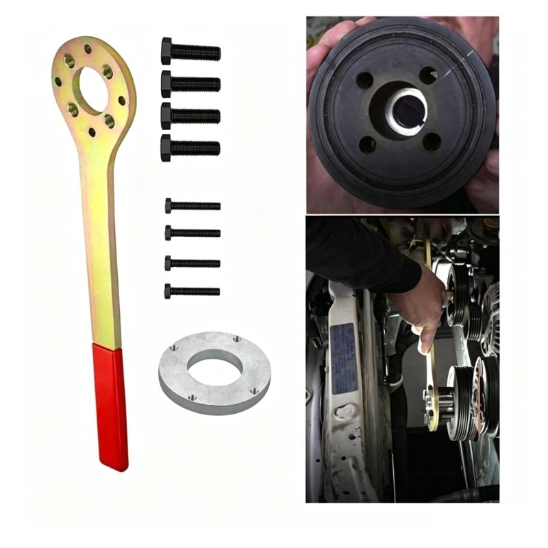 Pulley Service Set for Engine Maintenance, Steel Bar With Round Plate, Extended Handle, Red Grip and Eight Threaded Bolts for Repair Work
