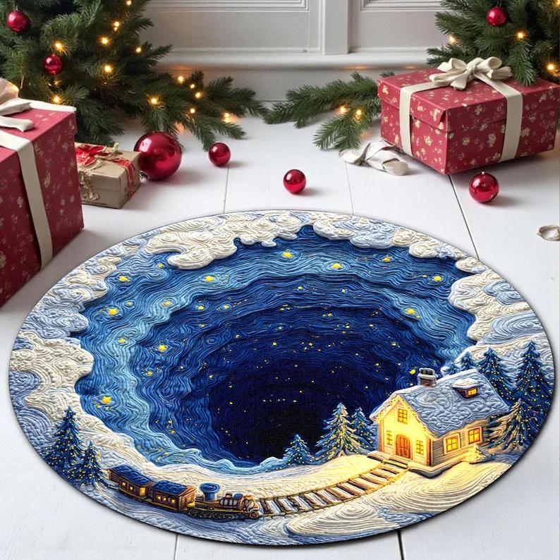 

Christmas Round Carpet Blue Snow 3D Printed Decorative Rug Living Room Christmas Party Decoration Anti Slip Mat Christmas Gift 60cmx60cm