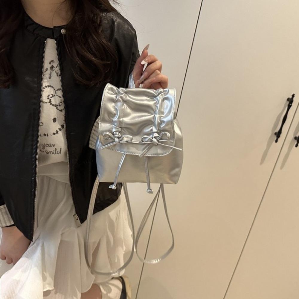 Tie Bow Backpack Y2k Student School Bag Portable Pu Leather Backpack  Children