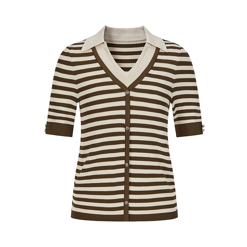 JUZUI fake two-piece V-neck striped knitted sweater summer new JWFX31206