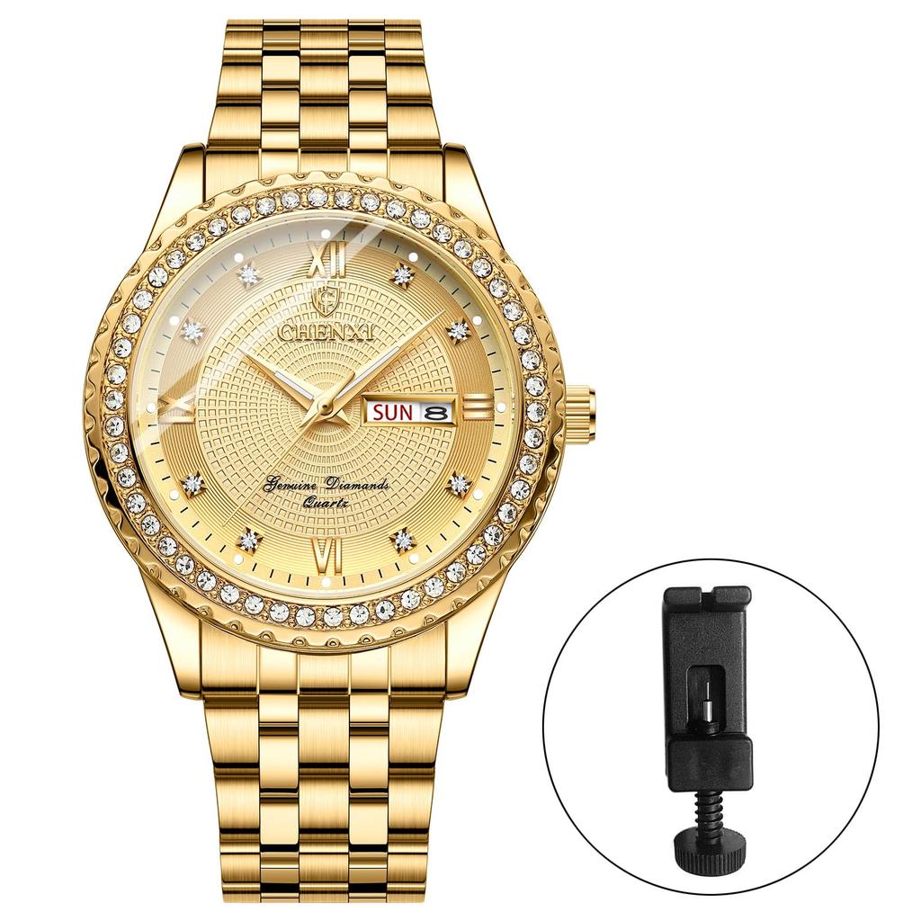 Circular Large Calendar Stainless Gold Bar Pair Respect for the Aged New Year Men's Wristwatch, Rainproof, Dial Dial, Function, Watch, Steel, Strap,