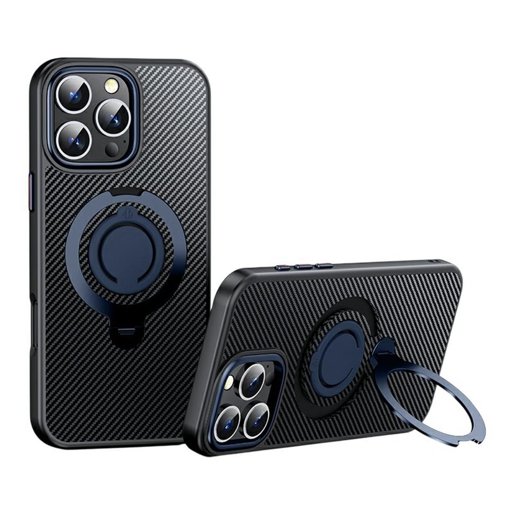 For iPhone 16 Pro Max Case Compatible with MagSafe Kickstand Carbon Fiber Texture PC + TPU Back Cover with Silicone Ring