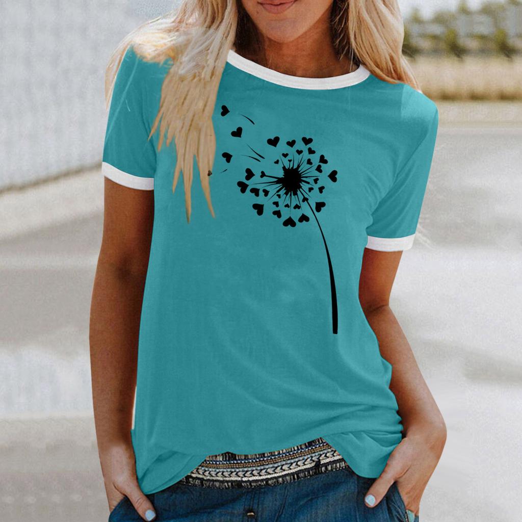 Ladies Cute Printed Short Sleeve Round Neck Front Shoulder Vintage Short Sleeve Summer Loose Shirt Top
