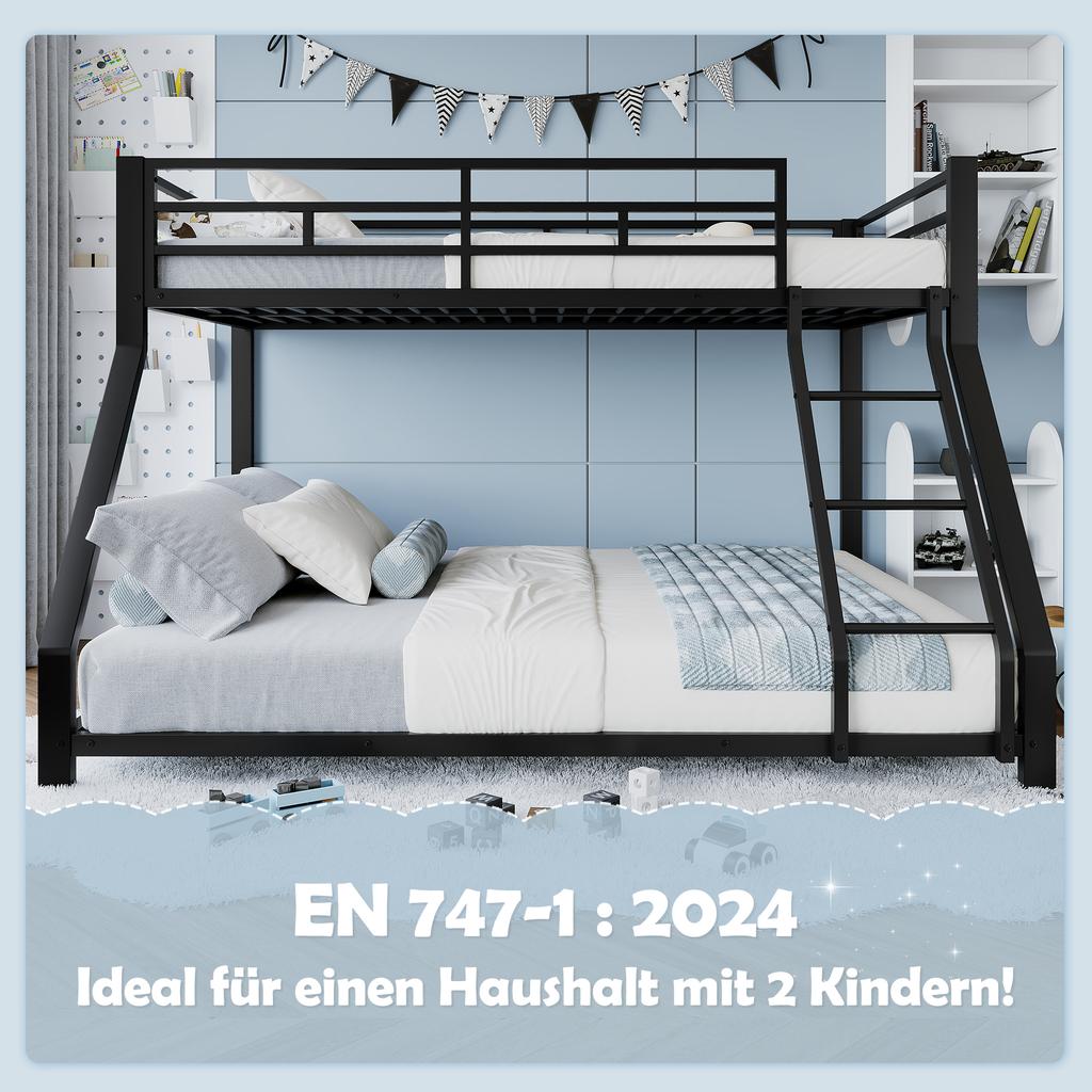 Etagenbett, 90*200 cm 140*200 cm, Geländer, Leiter, EN747 Zertifiziert, ohne Matratze, Metall, Schwarz
