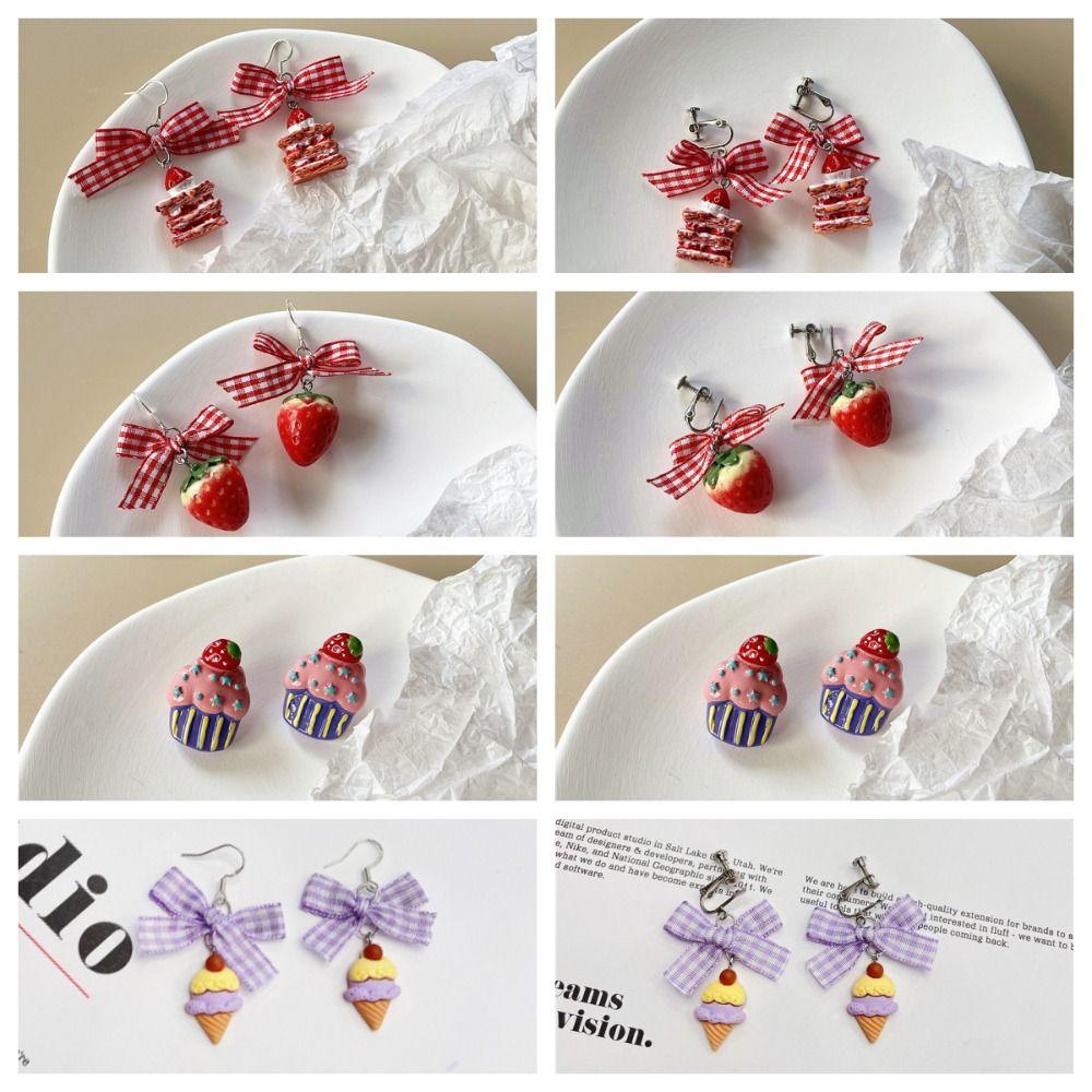 Cupcake Bow Studs Earrings Ice Cream Cake Earrings Studs Creative Strawberries Ear Clip Ladies