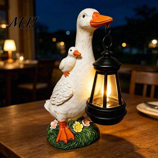 Outdoor Lighting for Garden Duck Statue with Solar Lantern, Cute Mom And Baby Sculpture Decorative Yard Art Lights Lamp, Waterproof Resin Light