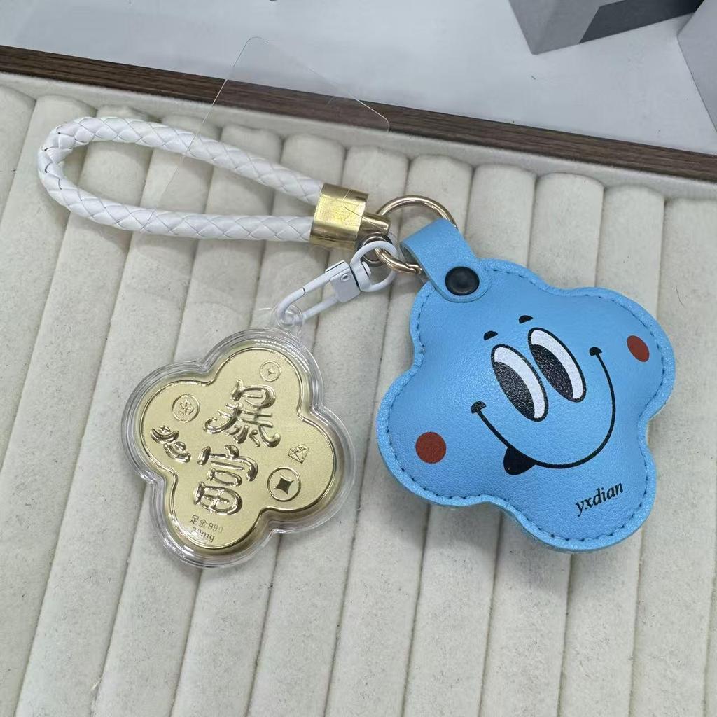 999 Pure Gold Lucky Four-Leaf Clover Keychain with Cute Smiley Face Flower Charm