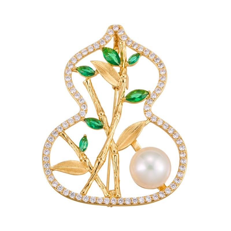 Elegant Hollow Gourd Brooch With Zircon Freshwater Pearl Gold-Plated Copper Alloy Pin Men Women