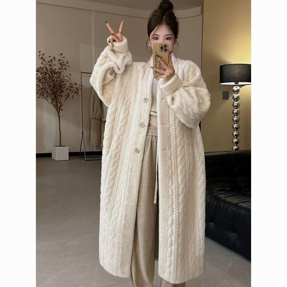 Damen Herbst/Winter 2024 Nerz Plüsch Strick Langer Cardigan Pelzmantel