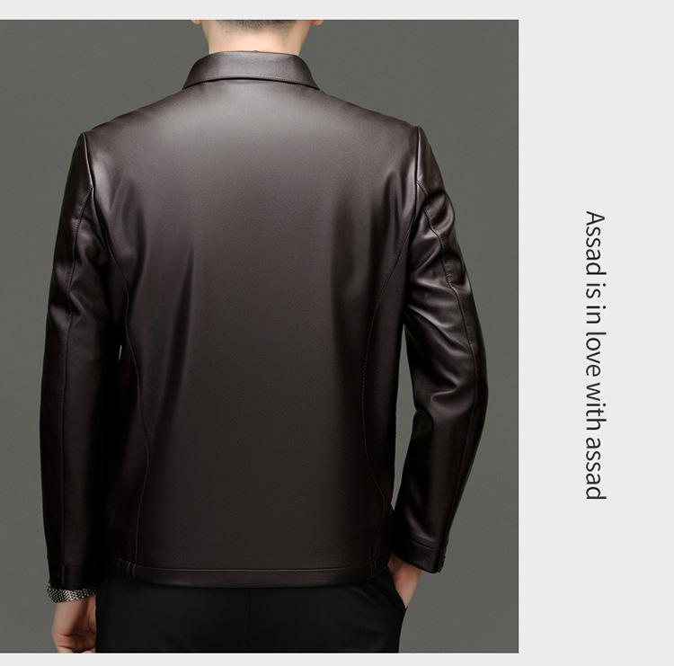 Men's High-End Genuine Sheepskin Leather Jacket, Business Casual Stand-Up Collar, Fleece-Lined for Middle-Aged.