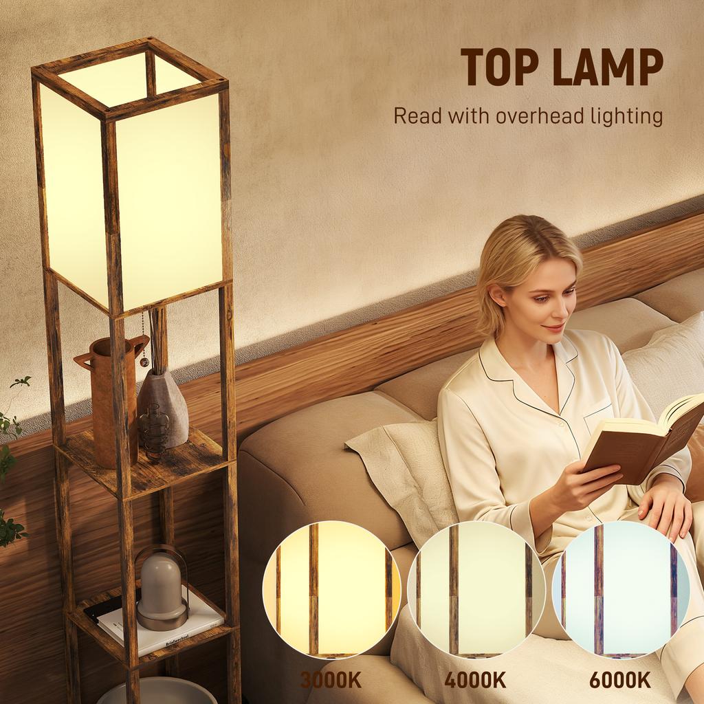 Floor Lamp with Shelves, 4 Layer Standing Lamp with USB Ports, 3 Colour Temperature, Rustic Brown