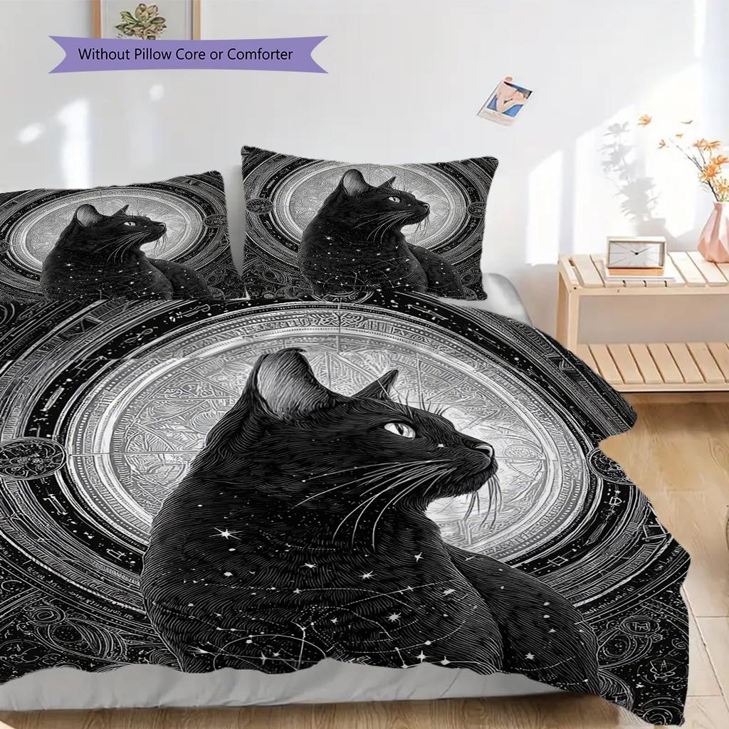 Black Cat Pattern Bedding Quilt Set Quilt Cover Pillowcase Home Decoration Birthday Gift (1 * Duvet Cover + 2 * Pillowcase, Without Core)