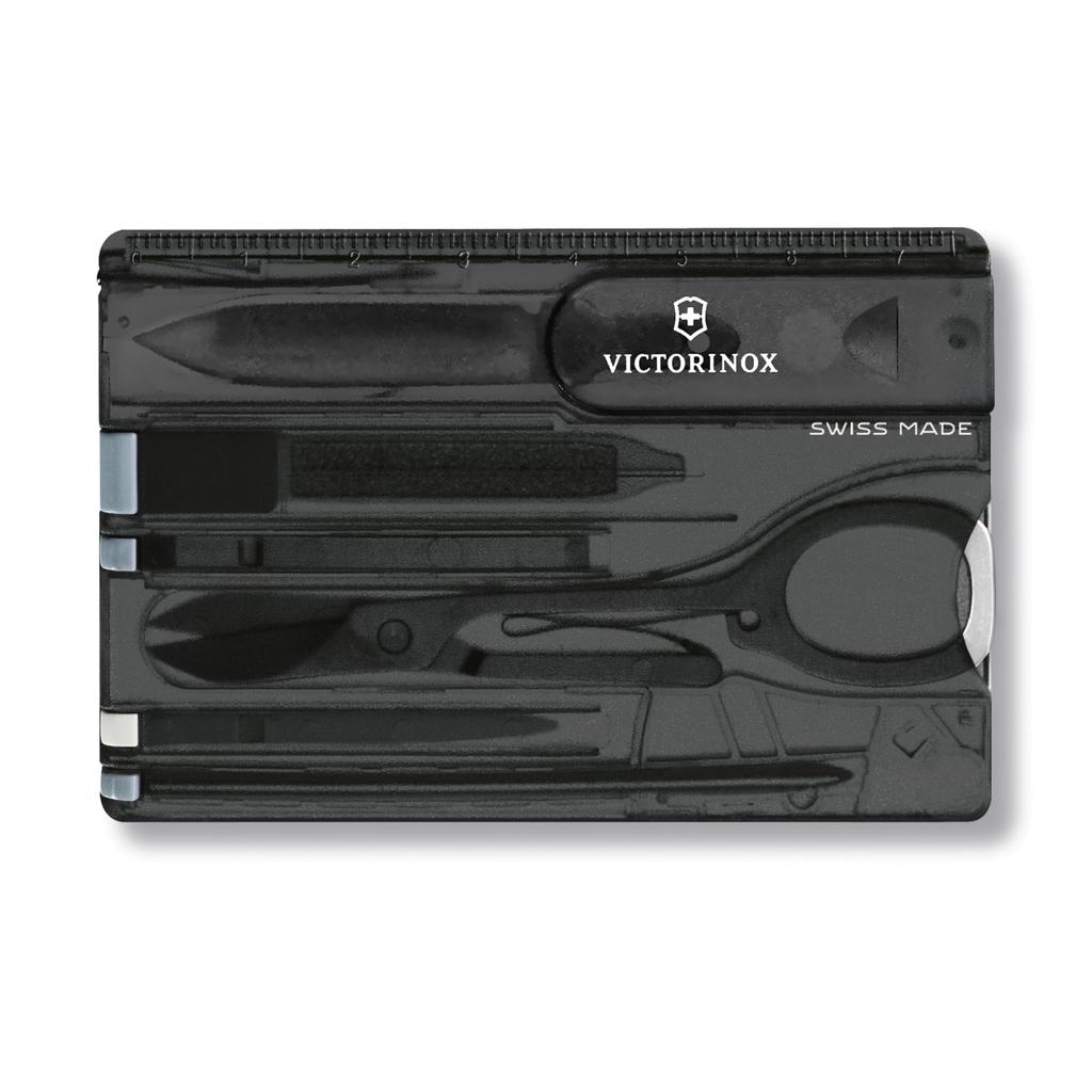VICTORINOX Swiss Army Knife with Swiss Card Classic Translucent Black, Multi-Function Stationery, Scissors, and Ballpoint Pen, Swiss-Made 10-Function