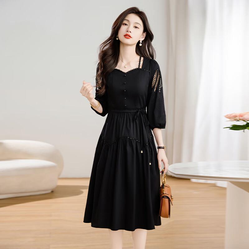 KeBeiEr Women's Black French Style A-Line Seven-Sleeve Dress