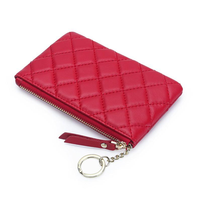 Korean Sheepskin Change Purse Women's Hand-held Key Chain Loose Wallet Diamond-grid Zipper Mini Genuine Leather