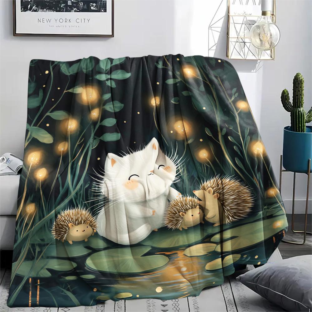 Weiße Katzen-Print Flanelldecke, Hohe Qualität, Bequem für alle Jahreszeiten, Heimdekoration, Wärme und Komfort, Perfekt für Weihnachtsgeschenke