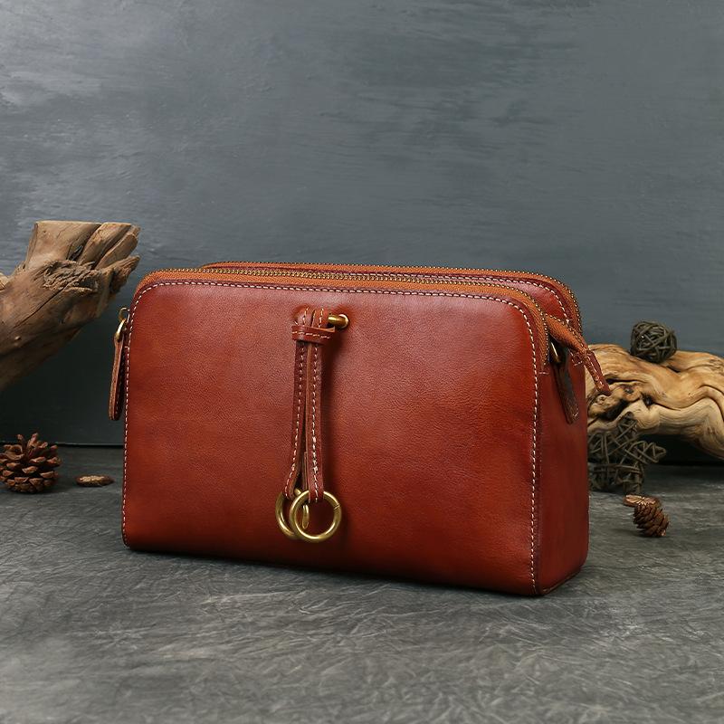Three-compartment Crossbody Bag, Genuine Leather Retro Style Handcrafted Single-shoulder Small Square Bag