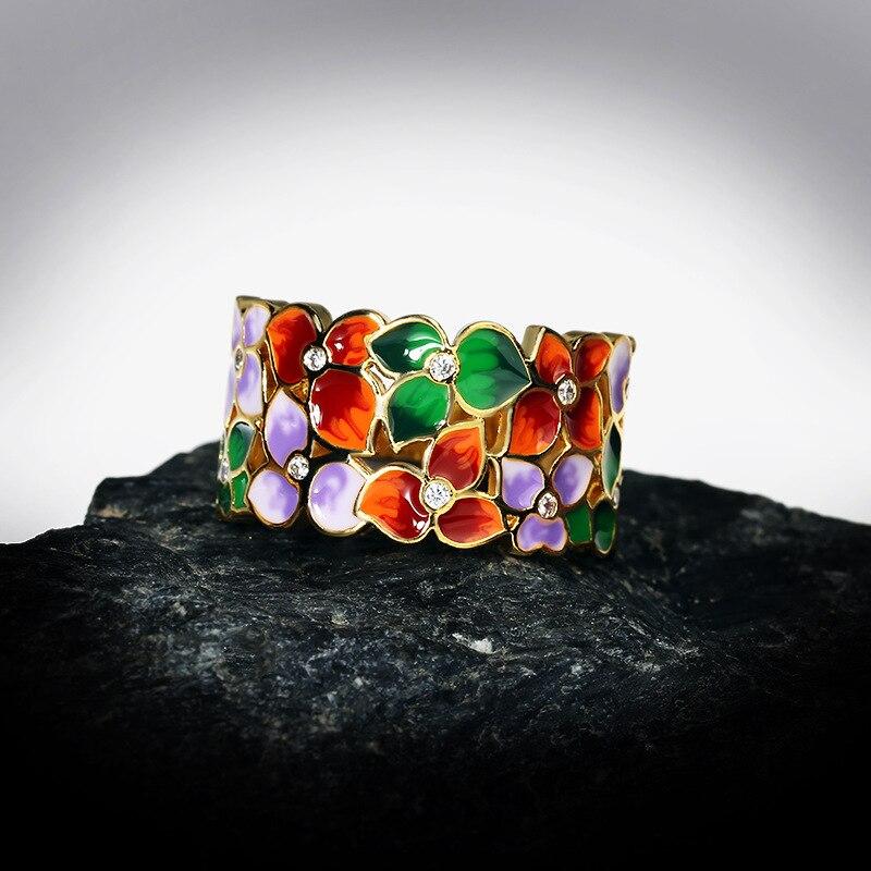 Klassisk Dam Ring Färg Blom Ring Handgjord Emalj Vigselring Drip Emalj Smycken Jade Ring Fjärilsring
