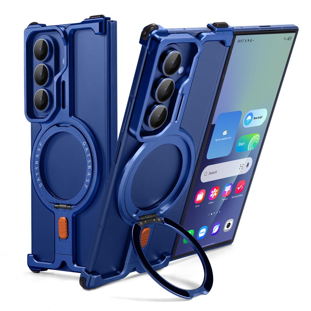 Oatsbasf Magnetic Metal Phone Case for Samsung Galaxy Z Fold 7 with Ring Stand 360°Rotatable Ultra-thin Frameless Shockproof