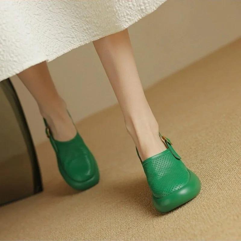 Summer Sandals Round Toe Hollow Out High Heel Sandals Women Platform Sandals Zapatos Mujer Chunky Heel Sheepskin Shoes Green