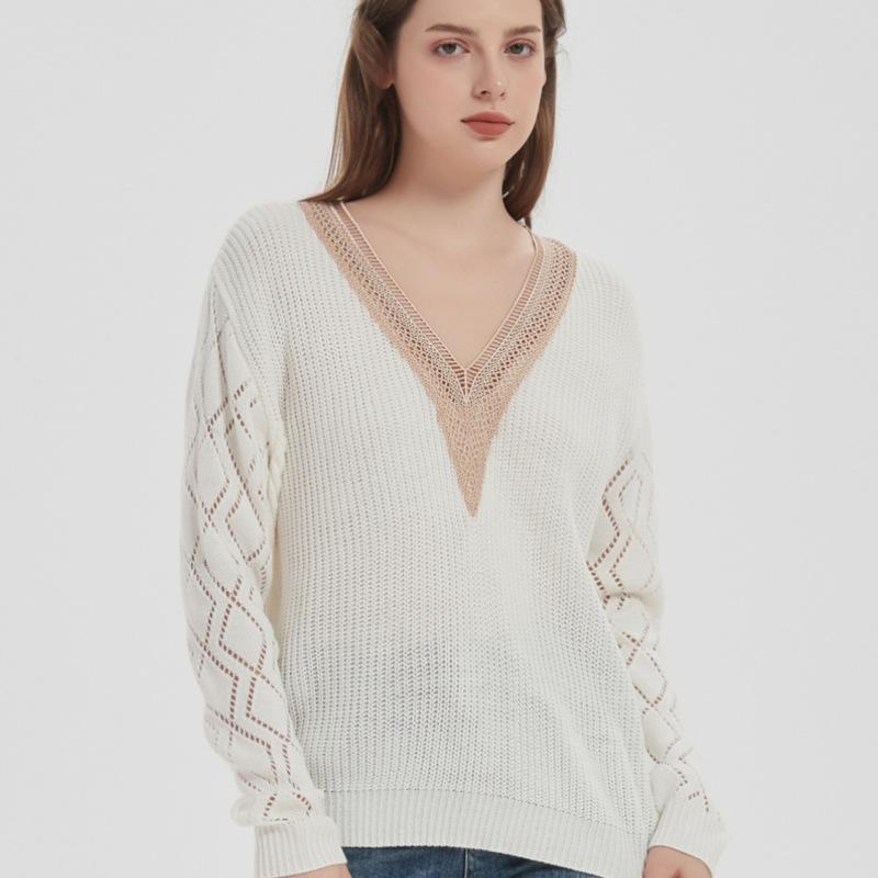 Spring and Autumn Women's Pullover V-neck Long Sleeve Fashion Lady Casual Tops Warm Loose Knitwear Commuting Design Style