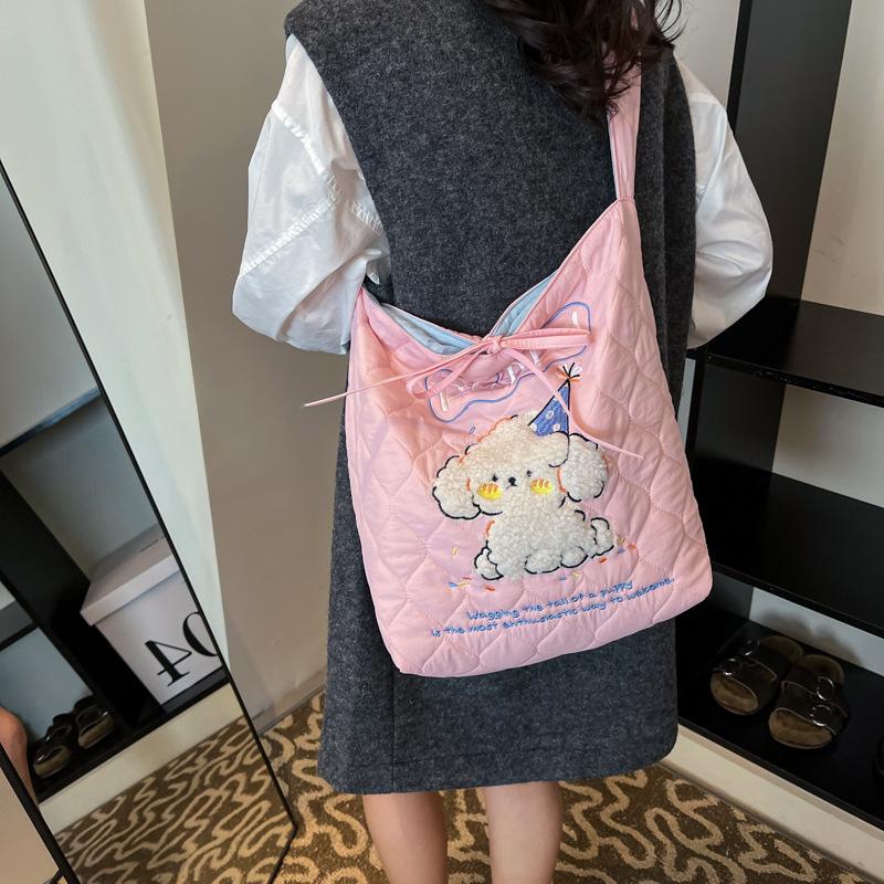 

Cute cartoon embroidery pattern shoulder bag 2025 large capacity tote bag student class bag 28*11*34 рожевий