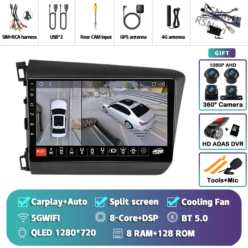 Android 14 Carplay Car Radio For Honda Civic 2012 - 2015 Multimedia Video Player Navigation GPS Stereo Head Unit 360 Camera DVD