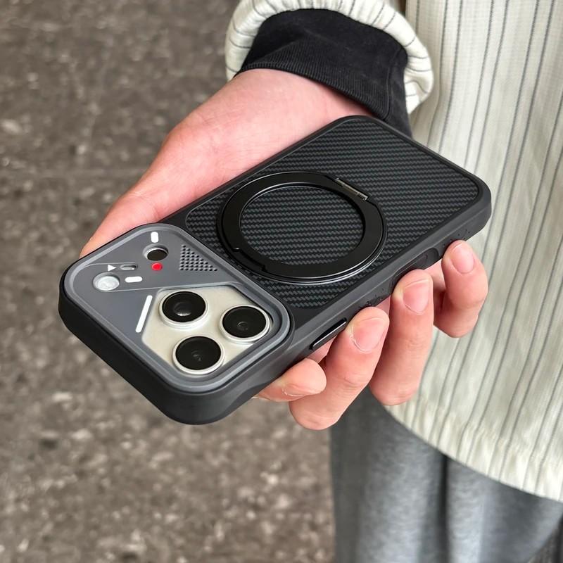 Carbon Fiber Texture 360° Stand Holder Case for iPhone 17 Air 16 14 15 Plus 13 12 11 Pro Max For Magsafe Magnetic Matte Cover