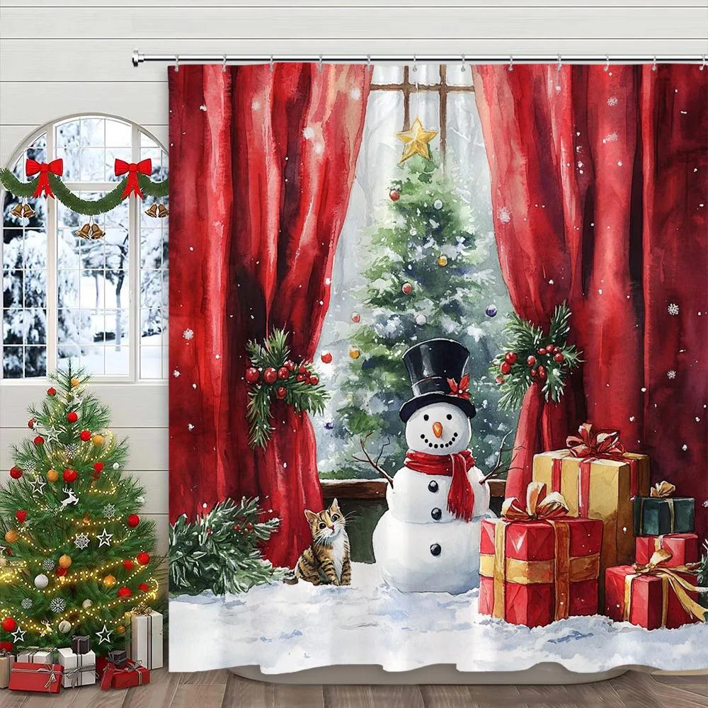 Pink Christmas Printed Shower Curtain Cute Snowman and Christmas Tree Gift Polyester Shower Curtains Bathroom Decor with Hooks