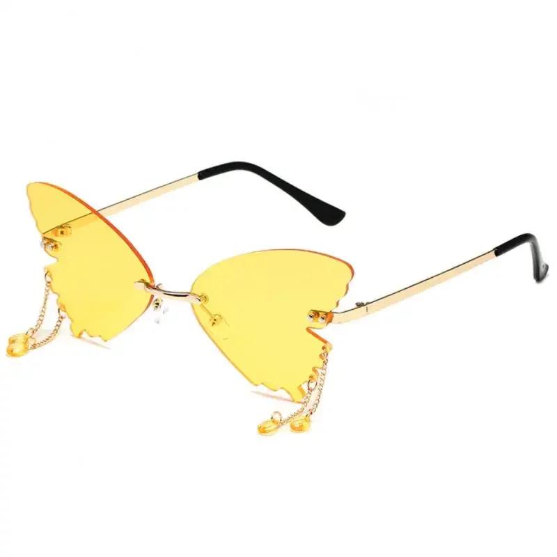 Butterfly Shape Sunglasses Women Uv400 Creative Pendant Metal Rimless Shades Outdoor Travel Party Decorative Sunglasses