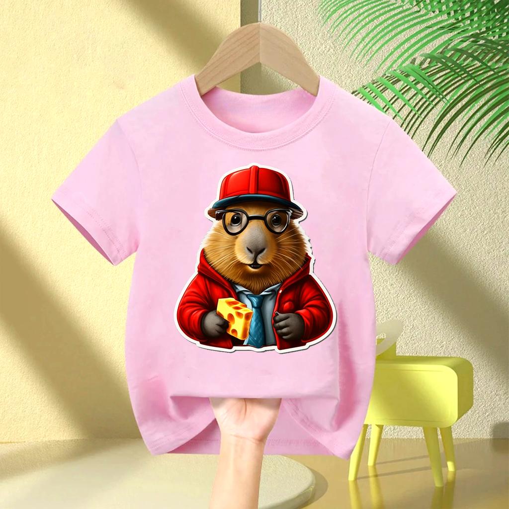 Cute Capybara Loves Bubble Tea Print Kids TShirt Summer Childrens Cartoon Shortsleeved Casual Tops Boys and Girls Clothing