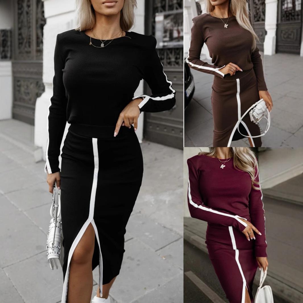 

Women s Casual Fashion Ribbed Two-Piece Skirt Set Medium вина червоного кольору