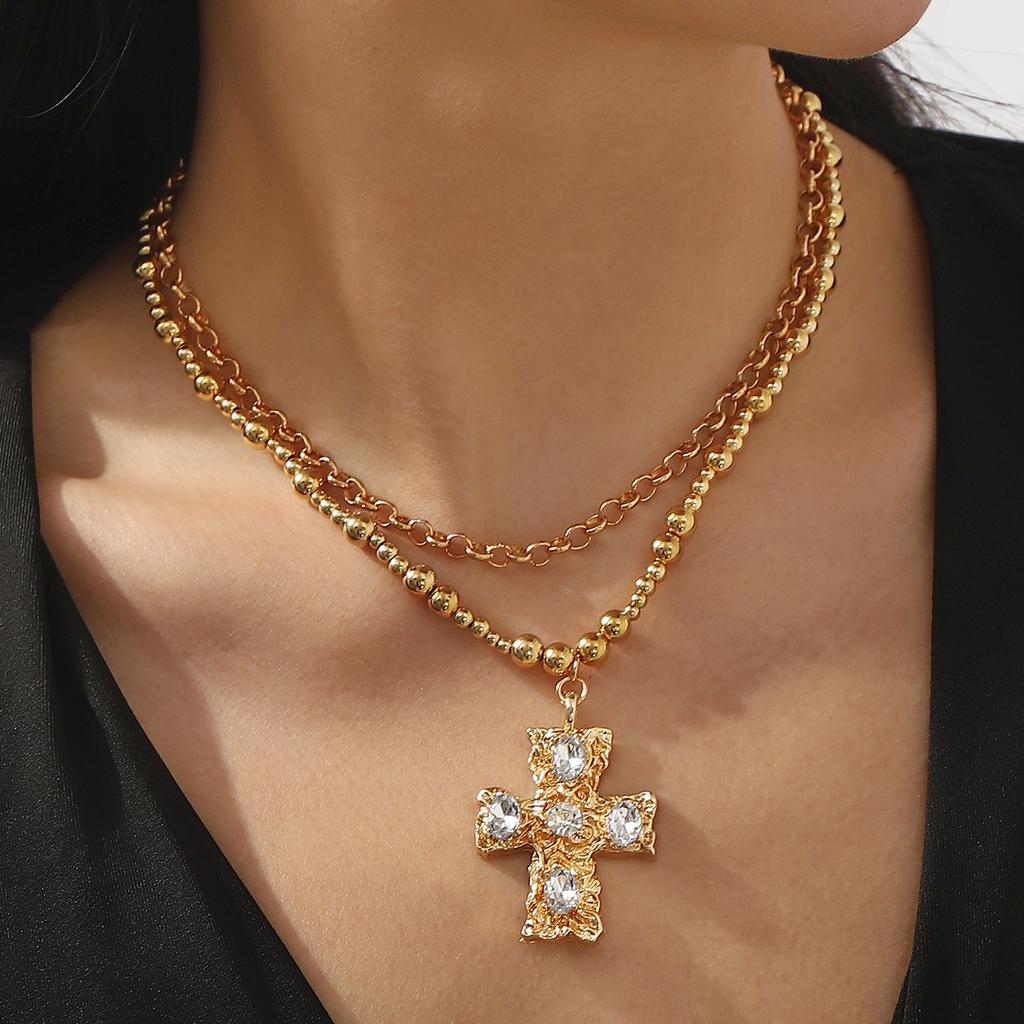 Tooxika Exaggerated Metal With Diamonds Cross Pendant Necklace Set Retro Literary Light Luxury Collarbone Chain