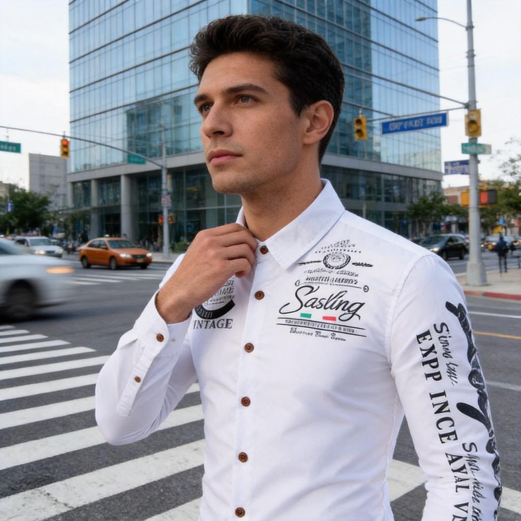 Mens Casual Long Sleeve Shirt With Print Collar And Button Closure