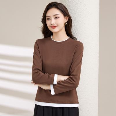 Women's Spring Fashion Simple Crewneck Color Contrast False Two Comfortable Base Slim Fit Long Sleeved Top