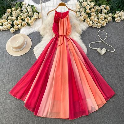 Women's Sleeveless Stapless Halter Loose Chiffon Dress Summer Color-Blocked Panels Gradient Design 3D Floral Embellishments Bohemian Beach Dress
