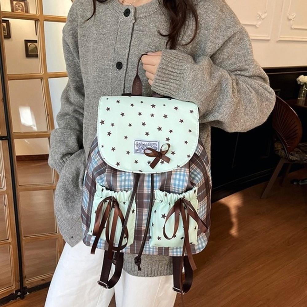 Süße Schleife Doppel-Schultertasche Karomuster Sternendruck Schüler-Schultaschen Gittermuster Vintage Minzgrün Kleiner Rucksack Damen