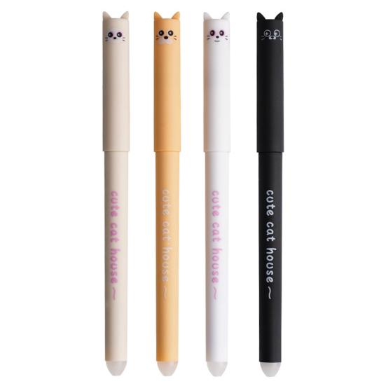 Yousheng 4Pcs Cute Cat Erasable Gel Pens 0.5mm Retractable Clip Pens with Eraser Tips Kawaii Cartoon Writing School Supplies