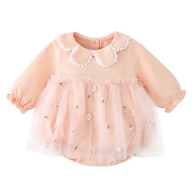 Baby Clothes Coverall Dress Bodysuit Tulle Skirt Spring Autumn Girls Newborn Clothes Embroidered Chrysanthemum Pattern Pre Pink 80 Months [Reegoo