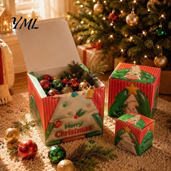 Reusable Holiday Display Sets 3Pcs Christmas Stackable Gift Box, Layered Cube Plastic Boxes with Santa Party Table Decor Snowman Reindeer, Tabletop