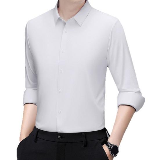 Men Shirt Lapel Long Breasted Shirt Color Elastic Fabric Tops Pure Sleeve Single Lightweight Breathable Shirt