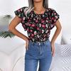 Women's Loose Floral Chiffon Blouse with Ruffle Flying Sleeve O Neck Lace Up Top Spring Summer Fashion