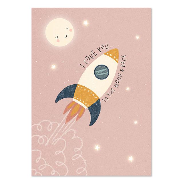 Rocket Stars Moon Kreslené plakáty Reprodukce Nursery Wall Art Malba na plátně Nordic Baby Dětská ložnice Obraz Dětský pokoj Dekor