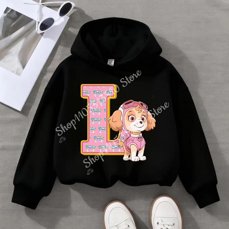 Child Black Long- Sleeve Hoodie Girls Skye Polyester Top Cartoon Letter A-Z Printed Pullover Children Birthday Gifts
