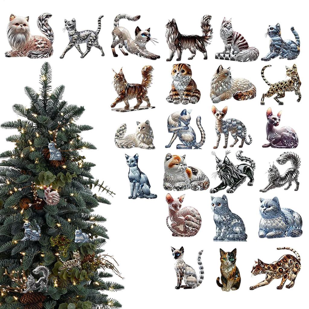 Cat Christmas Countdown 24 Days Christmas Advent Calendar 2D Acrylic Cat Collectible Figurine for Xmas Tree Decor Kids Gifts